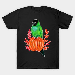 Cute Halloween Nanday Conure Parrot on Autumn Pumpkin T-Shirt